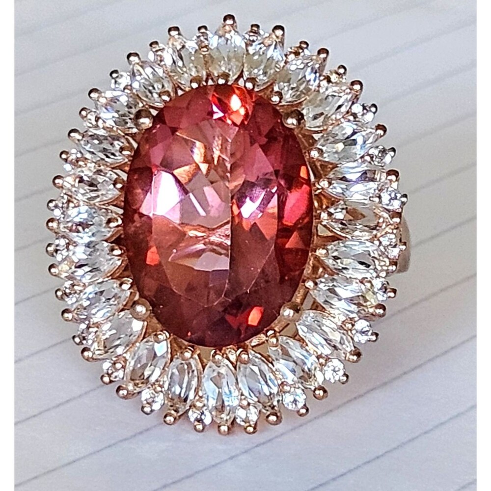 STS Coral Spinel White Topaz Ring Size 8.75 Large Statement Jewelry Cocktail 925